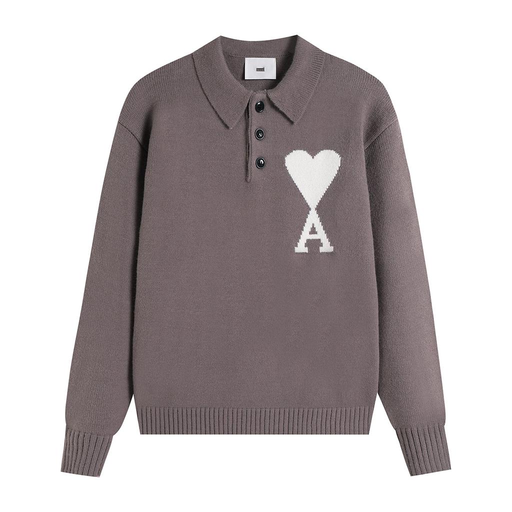 Maglione Unisex in Maglia con Collo a Polo Multicolore con Ricamo a Cuore e A Pullover Casual con Bottoni per Uomo Donna