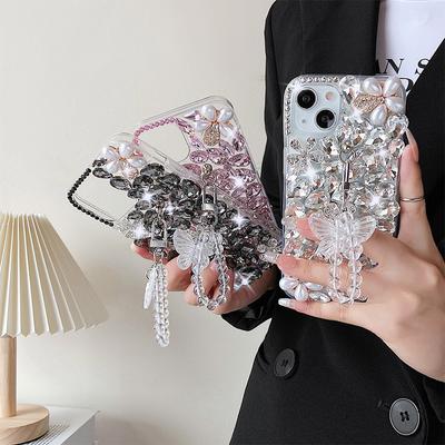 For Apple 17 Pro Japanese and Korean Ins Phone Case for IPhone 15/14/XR Pearl Lanyard Luxury Rhinestone Case