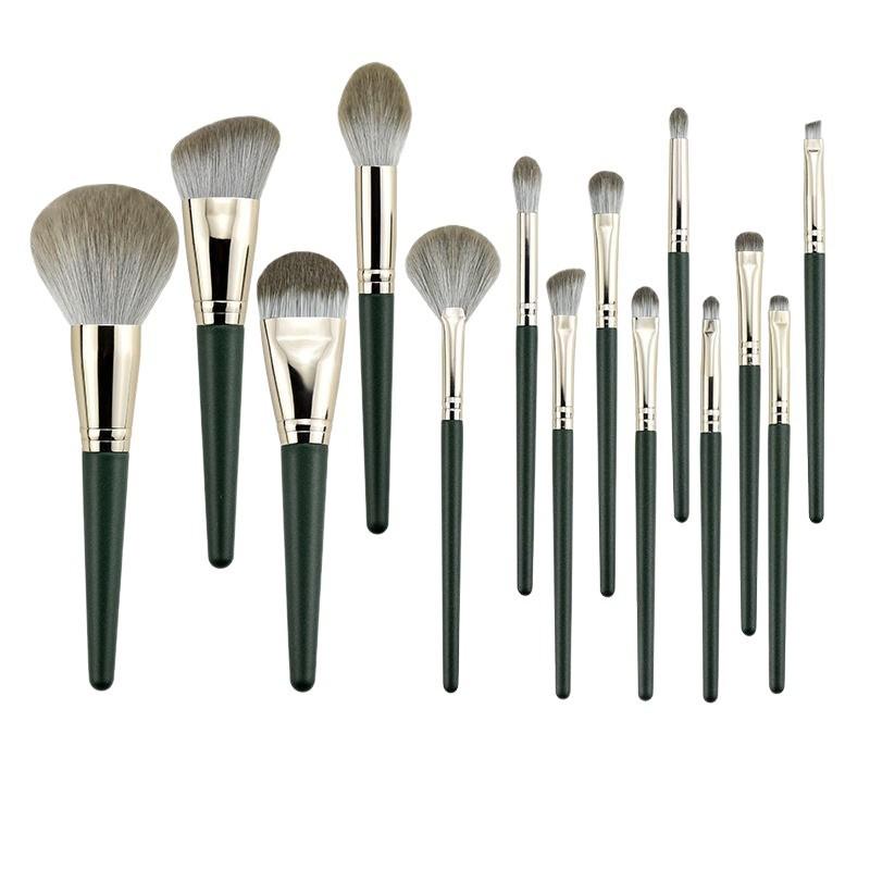 14-Piece Makeup Brush Set With Green Cloud Nylon Bristles Eyeshadow Blush Beginners