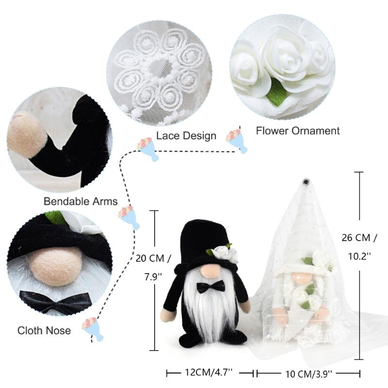 Pluszowy krasnal w sukni ślubnej, dekoracja dla panny młodej i pana młodego, lalka krasnal, prezent walentynkowy, dekoracje na przyjęcie weselne