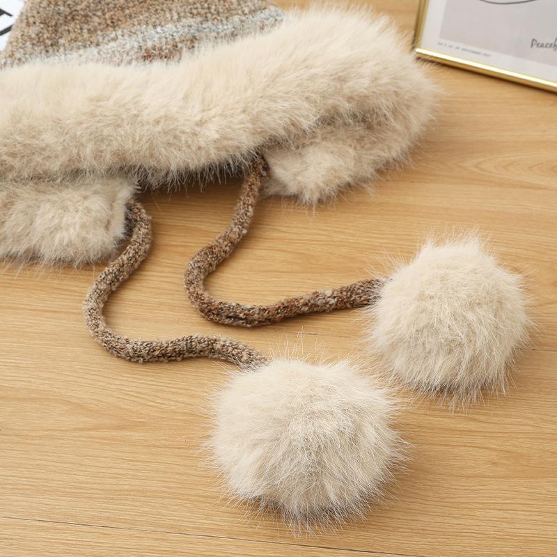 Cute Fur Ball Plush Warm Hat In Autumn and Winter Versatile National Style Plus Velvet Thickened Pullover Hat Outdoor Cold Proof Ear Protection Hat