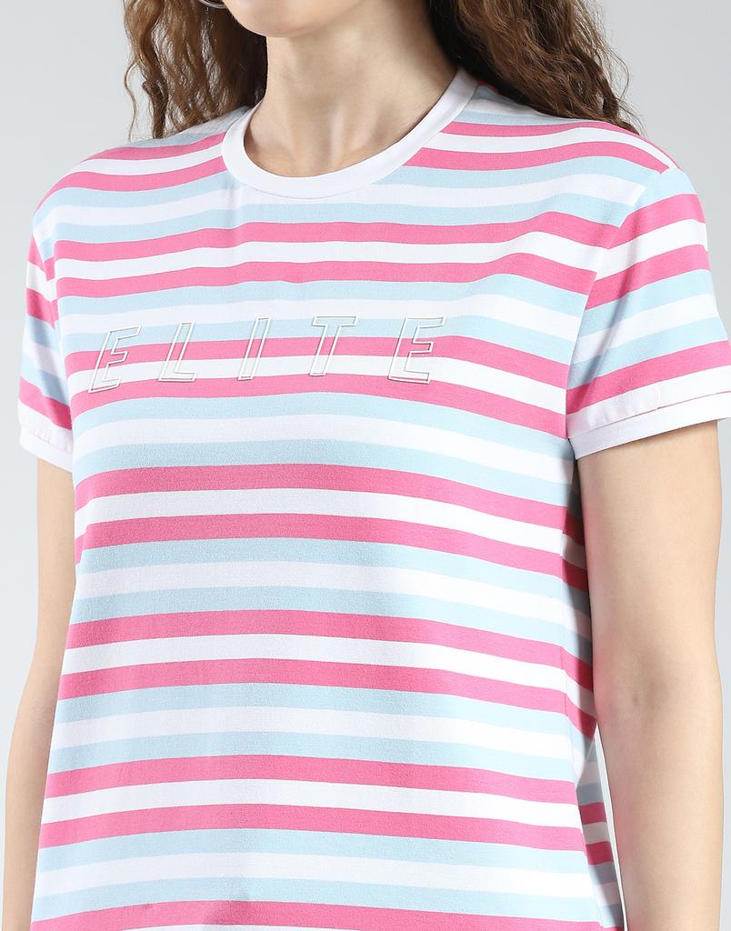 MONTE CARLO Women's Oversized Round Neck Striped Half Sleeve Top