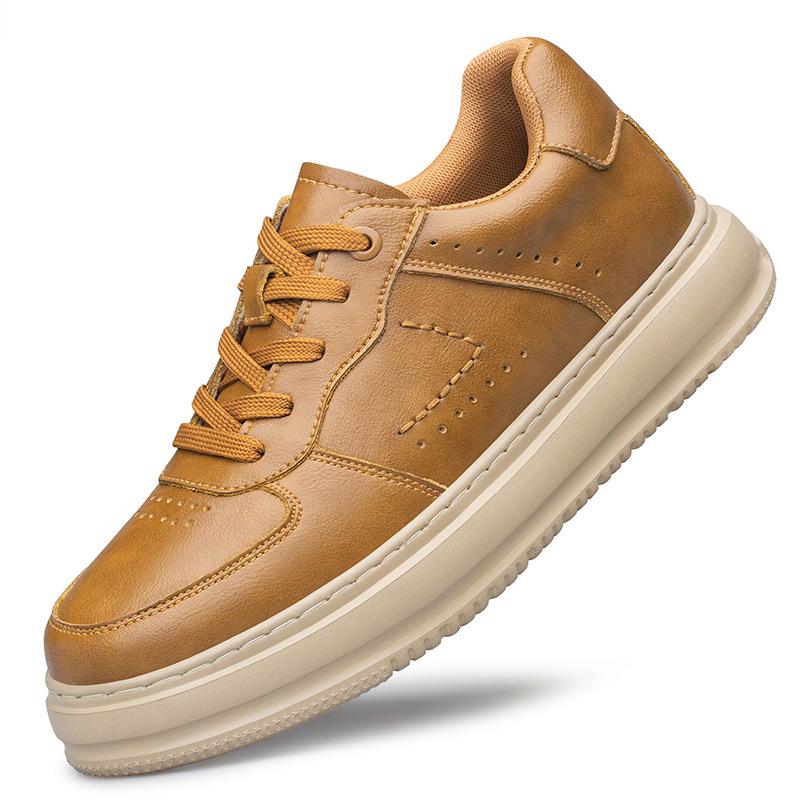 Men s 8CM Height Boosting Casual Leather Sneakers - Versatile White Lace-Up with Thick Sole 43