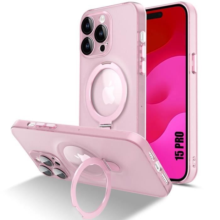 Coque pour iPhone 15 Pro, Antichoc Anti-Rayures Rigide avec Support Magnétique Rotatif et Protection Caméra - Translucide Rose