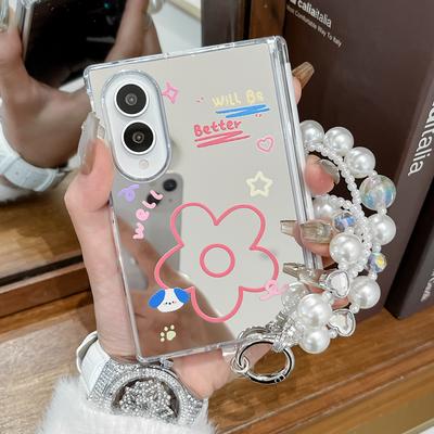 Cute Line Art Floral Mirror Phone Case for Samsung Galaxy Z Fold8 Fold 8 Wide Shockproof Pearl Lanyard Skin Feel Slim Fit Cover