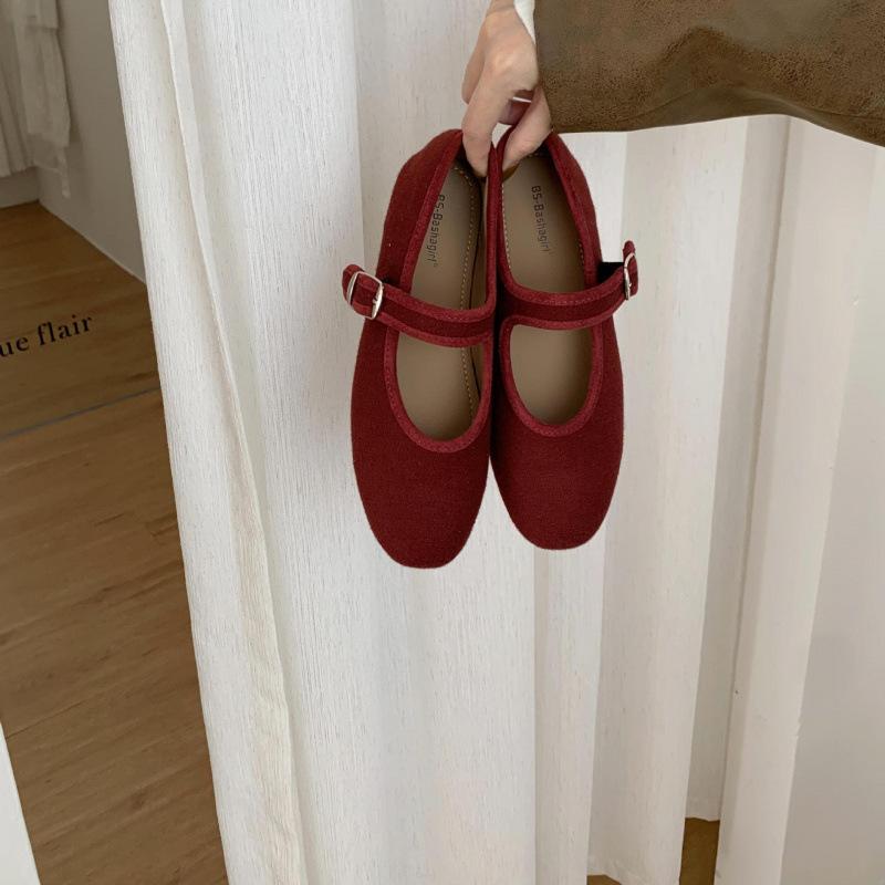 Retro flat-bottomed suede Mary Jane single shoes fairy shoes 2025 new spring, autumn and winter red gentle evening shoes