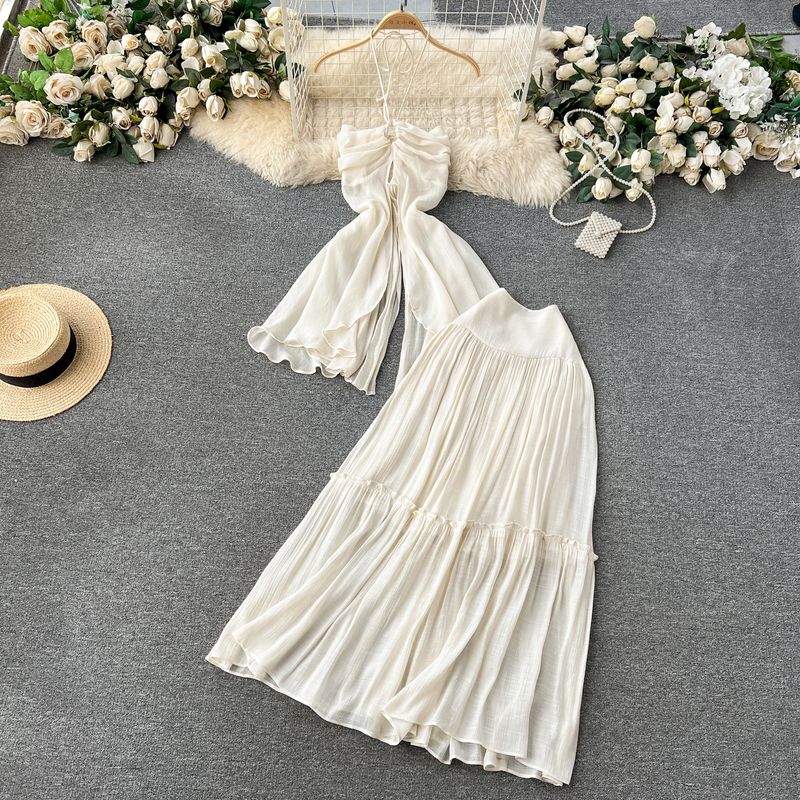 

Holiday Wear High Waist Skirt Socialite Style Halterneck Beige L