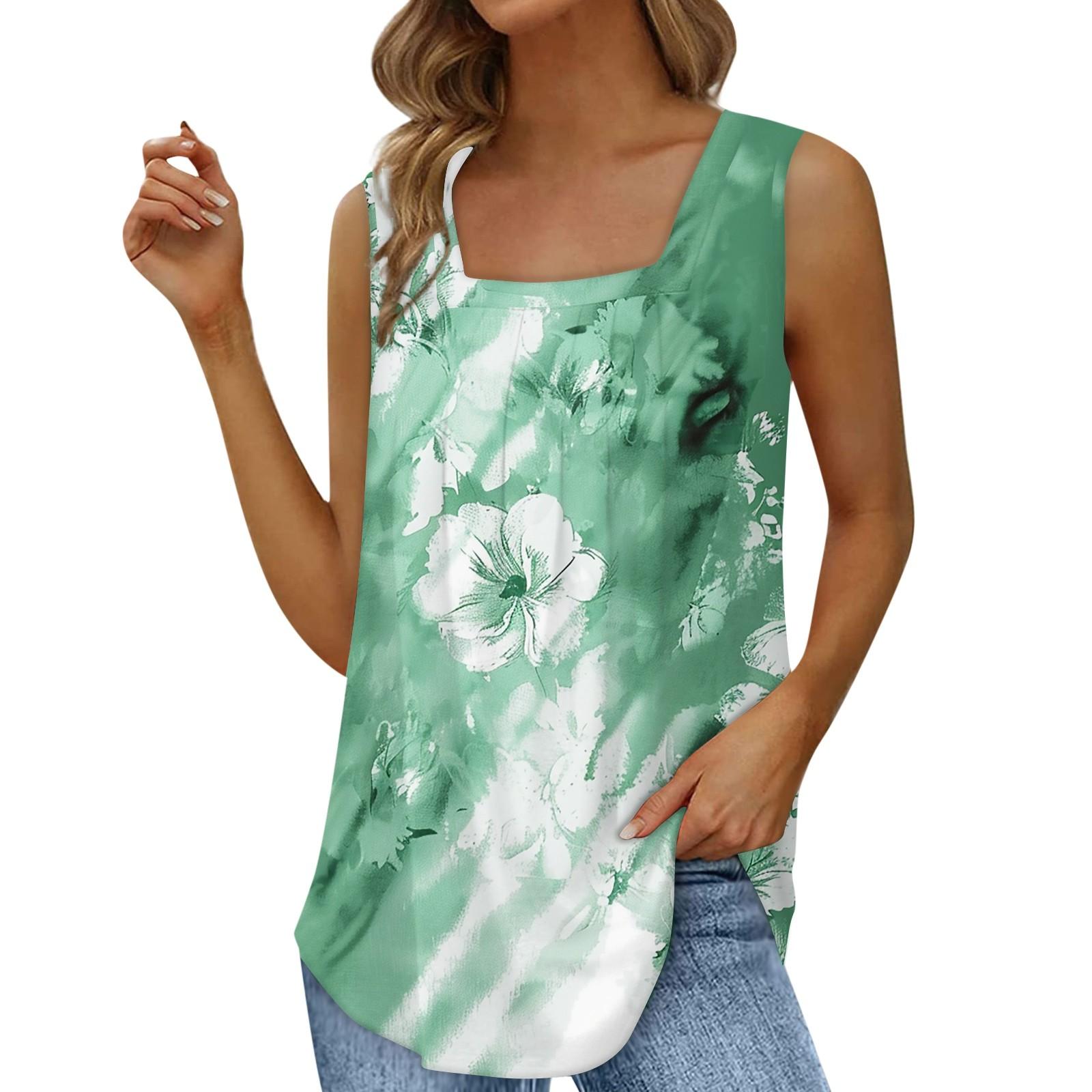 Women s Fashion Sexy Pleated Square Neck Printed Sleeveless Tank Top XXL зелёный