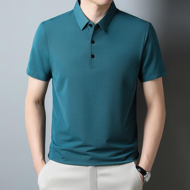 Men'S Solid Color Lapel Quick-Drying Waffle Loose Breathable Medium And Short-Sleeved T-Shirt Polo Shirt