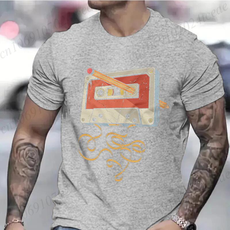 Men's Vintage Cassette Tape with Pencil T-shirt Shirts for Guys Funny Graphic Tees Birthday Clothes Fashion Casual Men's Tees