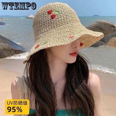 Women's Embroidered Straw Bucket Hat Breathable Crochet Sun Hat for Summer Beach Wide Brim UV Protection Foldable Travel Sun Cap