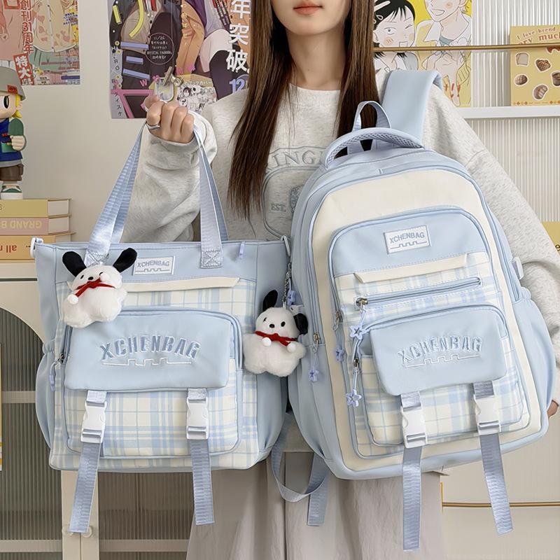 Schoolbag High Value Contrasting Color Plaid Schoolbag Junior High School Student Large Capacity Computer High School Student Backpack Campus
