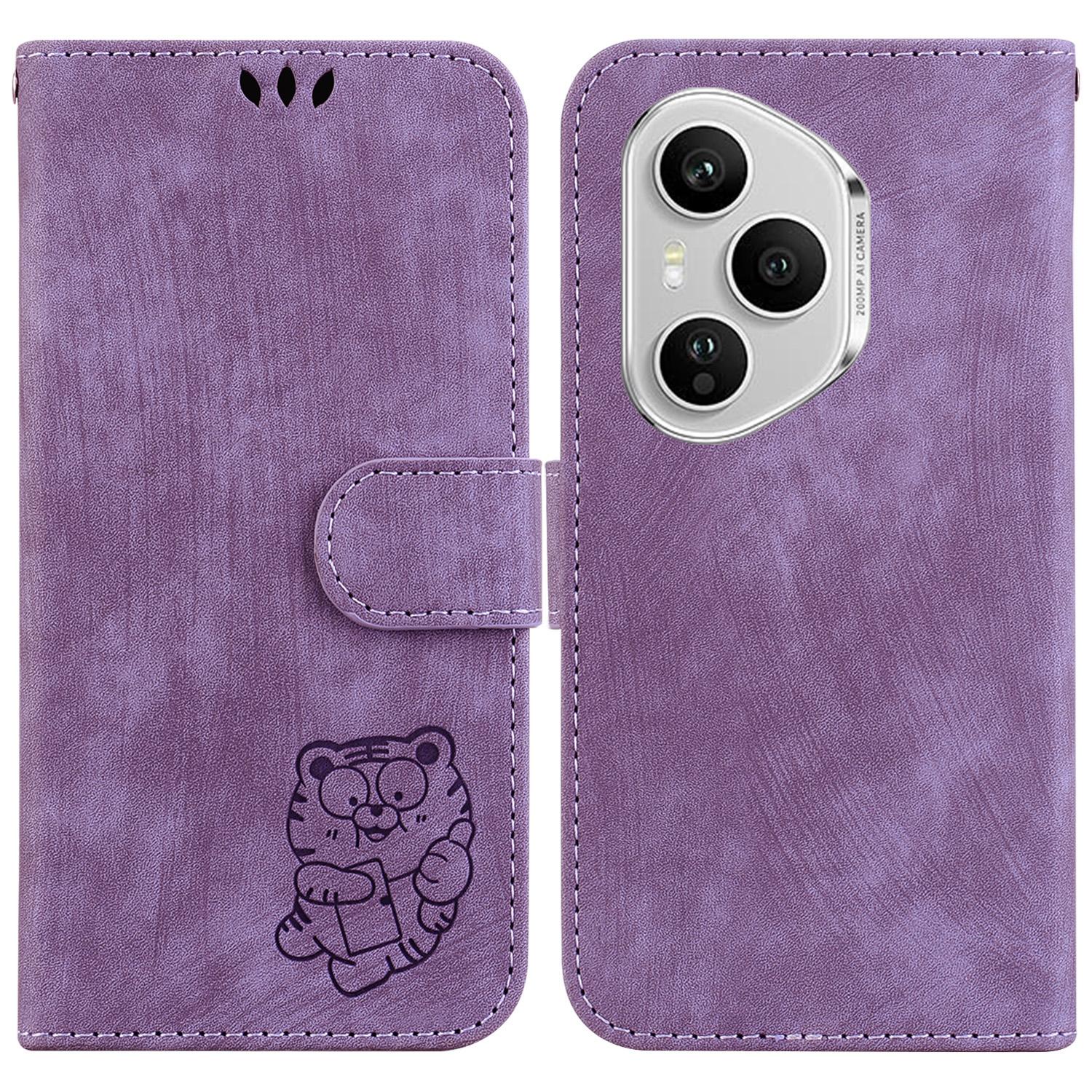 

Для Honor 400 Pro 5G (Глобальный) Чехол-кошелек Кожаный противоударный чехол для телефона с тиснением тигра и ремешком на запястье Purple