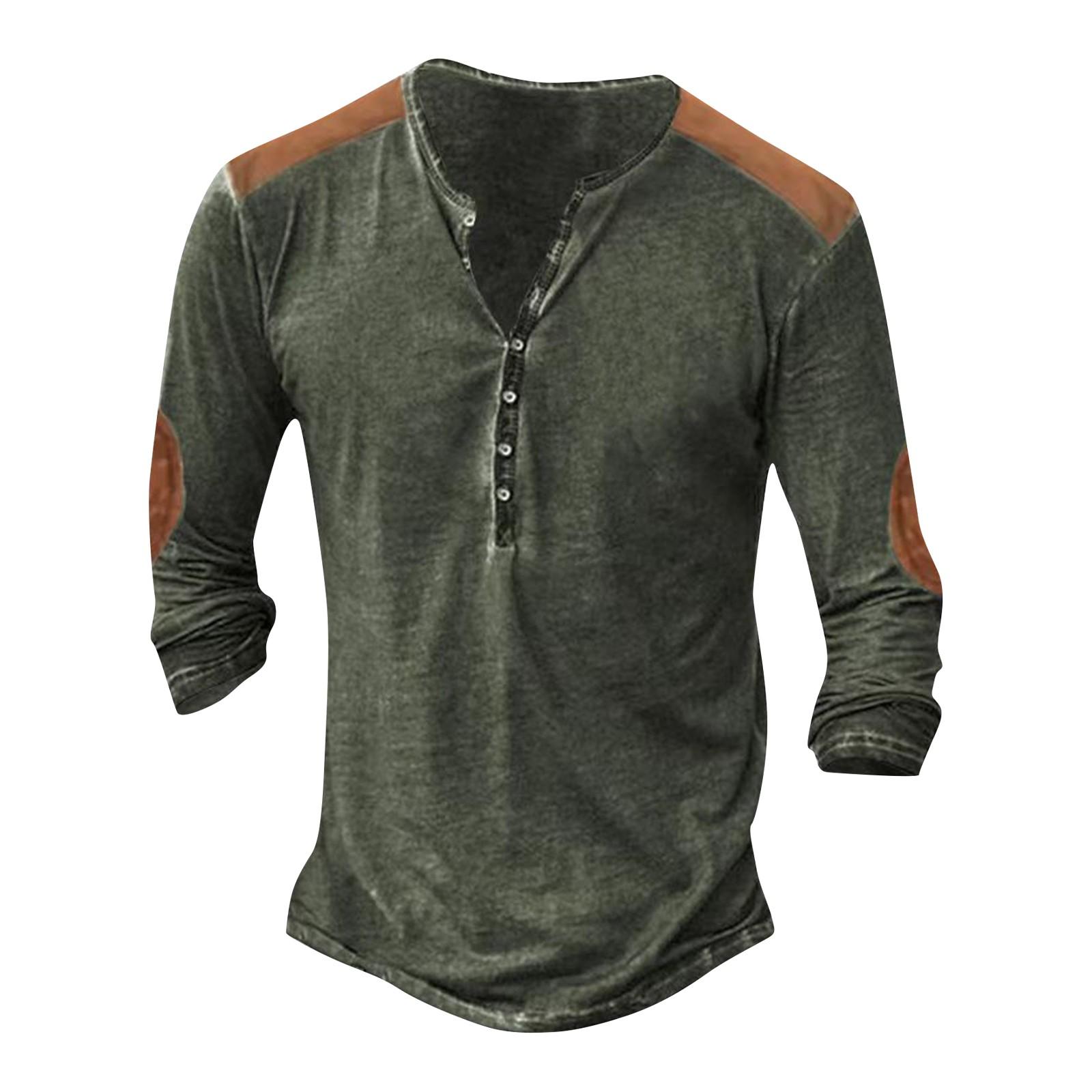 Men’s Long Sleeve Henley Shirt with Shoulder and Elbow Patch Casual Slim Fit Pullover Top for Everyday Wear M