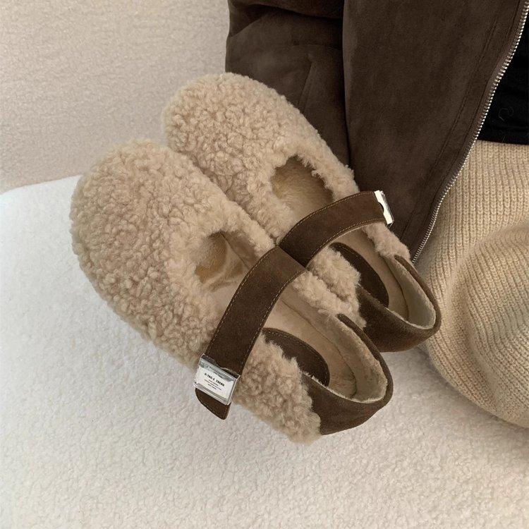 Lamb wool shoes women wear outside in winter autumn and winter new gentle fairy wind velvet warm cotton shoes flat Mary Jane shoes