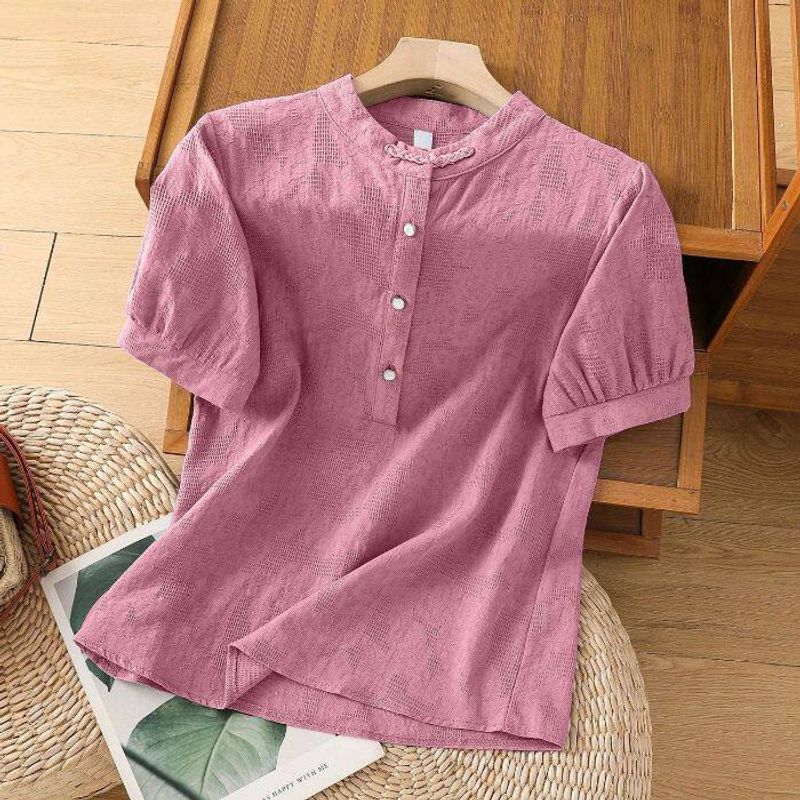 Chinese Style Stand-up Collar Frog Button Women's Shirt Summer 2025 New Arrival Loose All-Matching Top Thin Short Sleeve Cotton Shirt