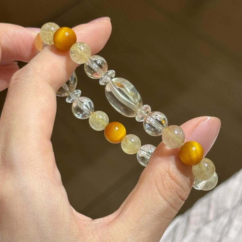 Women's Original Design Golden Rutilated Quartz, Citrine, and Tiger Eye Bracelet with White Crystal Accents