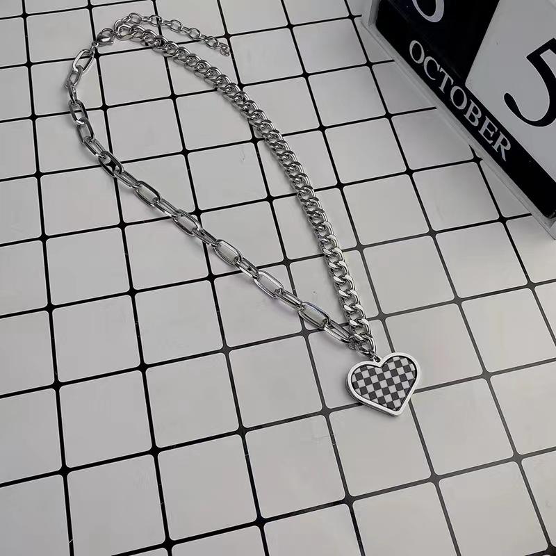 Korean version design sense black and white checkerboard love double chain titanium steel necklace sweet cool hip hop pendant women's jewelry