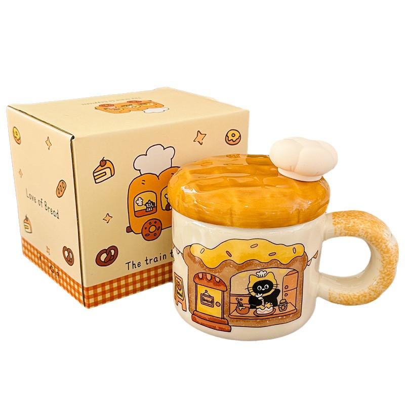 Cute Bread Cat Ceramic Mug with Lid Spoon High Value Water Cup Household Breakfast Milk Cup Birthday Gift