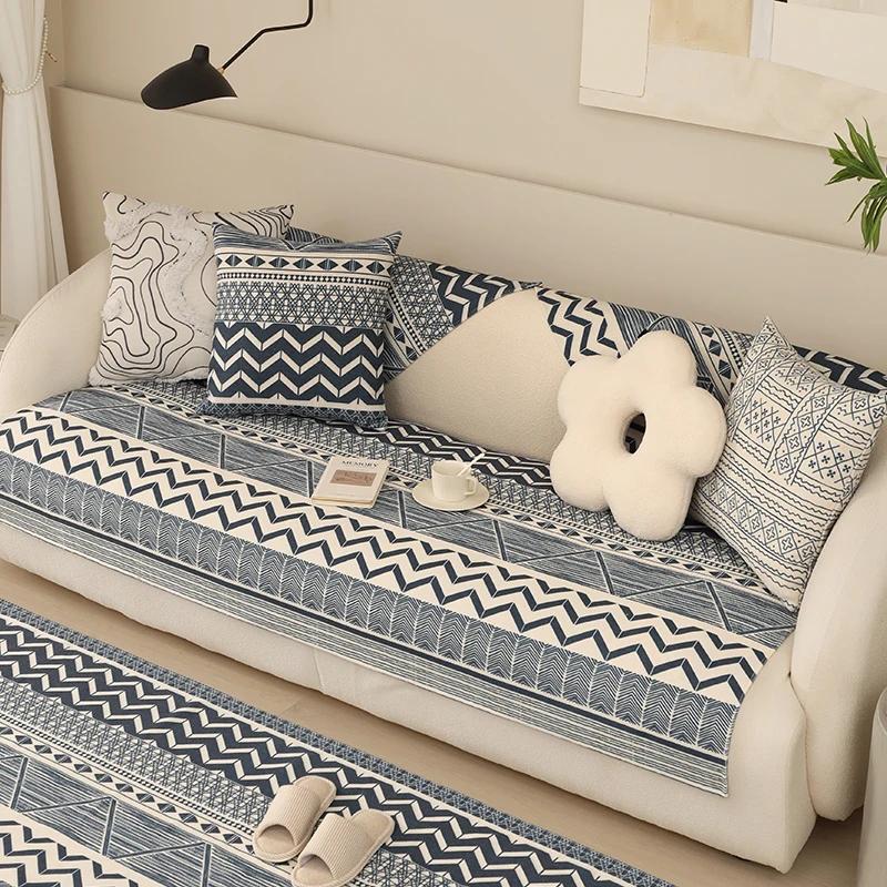 Bohemian Geometric Pattern Sofa Towel Anti Slip Wear-resistant Sofa Cushion Pillowcase  Dustproof Cotton and Linen Settee Cover