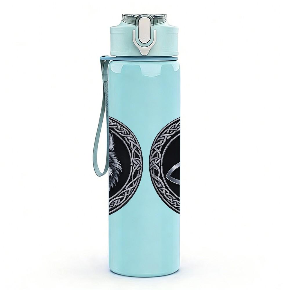 1PC Celtic Knot Coin Badge Print 750ml Color Plastic Sports Water Bottle Leakproof Flip Straw Lid Suitable for Sports Office Home Use