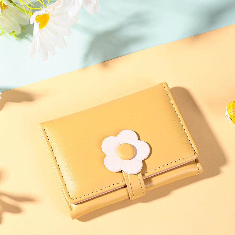 Милый кошелек для девочек и женщин, сложенный втрое, карман для денег, с принтом цветов из искусственной кожи, держатель для карт, кошелек для монет жёлтый