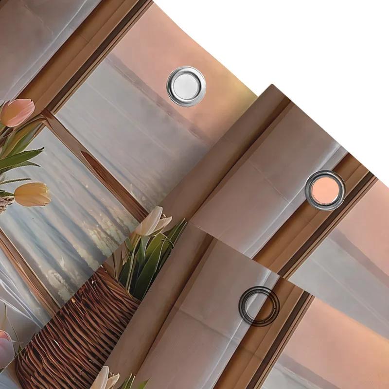Elegant Sunset Window Shower Curtain Nature Inspired Home Modern Art Design Waterproof Polyester Eco-Friendly Fabric