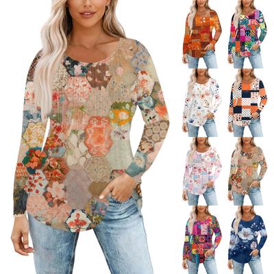 Women's Fashion Casual Pleated Round Neck Vintage Floral Print Long Sleeve T,Shirt Top