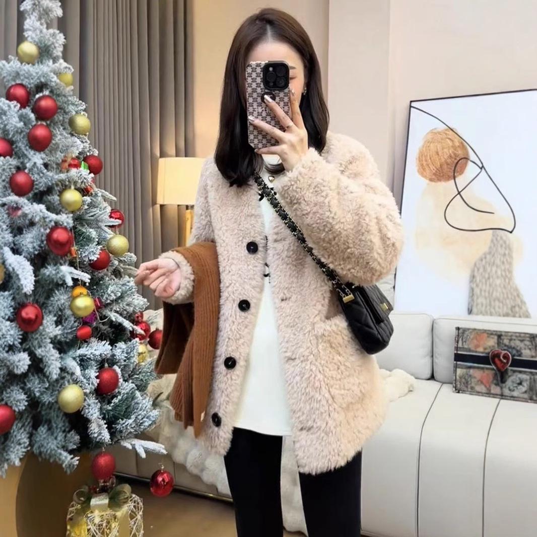 

2024 Korean V-Neck Fleece-Lined Women’s Coat - Autumn/Winter Collection L
