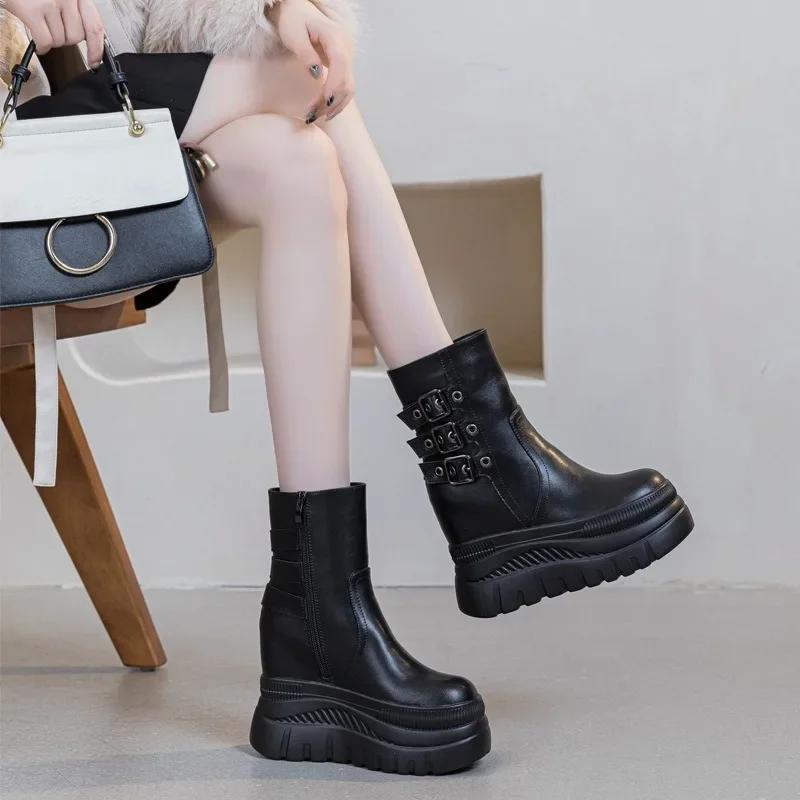 Fashion New 2cm Genuine Leather Women Boots Causal Knee High Boots Shoes Motorcycle Ankle Booties Platform Wedge Thick Sole ZIP Shoes