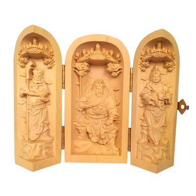 Sankaibutsu Holz Buddha Statue Guan Zhou Buchsbaum Höhe 10cm Kunstwerk Schutzgott Glücksbringer Schmuckstück Schutz vor Unglück Amulett Feng Shui
