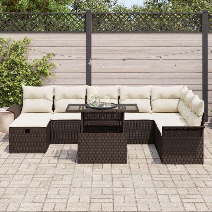 Ensemble de Canapé de Jardin vidaXL 9 Pièces avec Coussins en Rattan Poly Marron, Canapé de Jardin 2 Places vidaXL avec 3361027