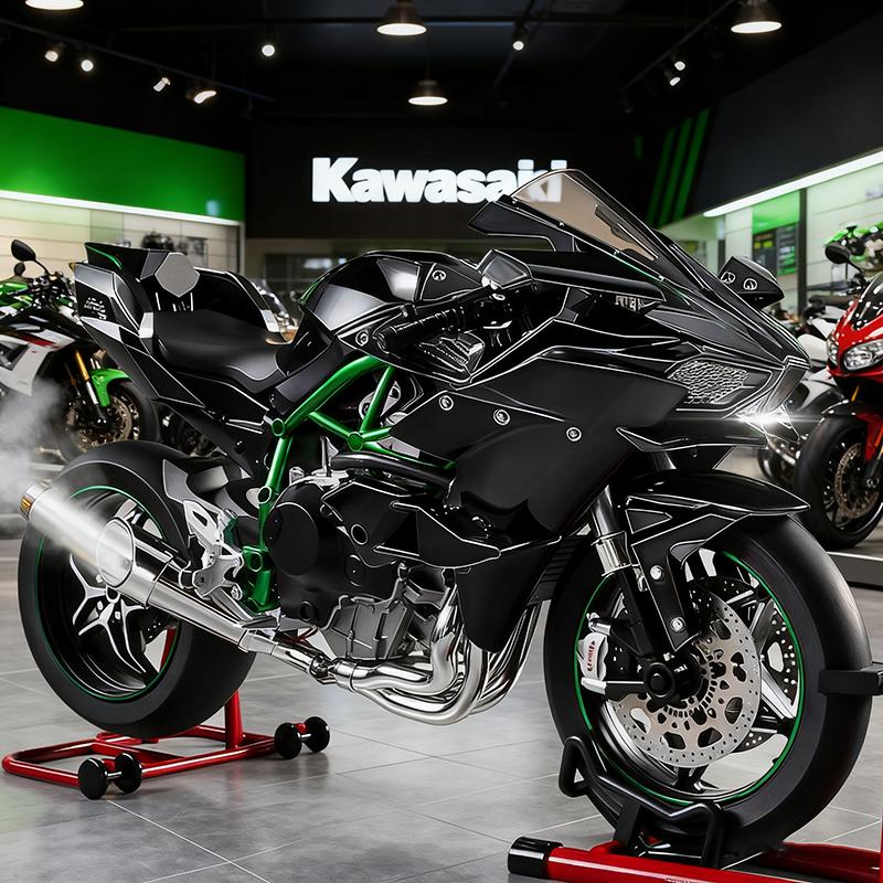 1/9 Kawasaki Ninja H2R with Spray Alloy Motorcycle Model Toy Vehicle Collection Sound and Light Off Road Autocycle Toys Car