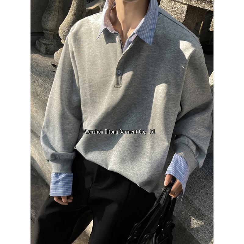 Herren Herbst Gestreiftes Patchwork Sweatshirt - Fake Zweiteiliger Kragen Langarm Streetwear Oberteil