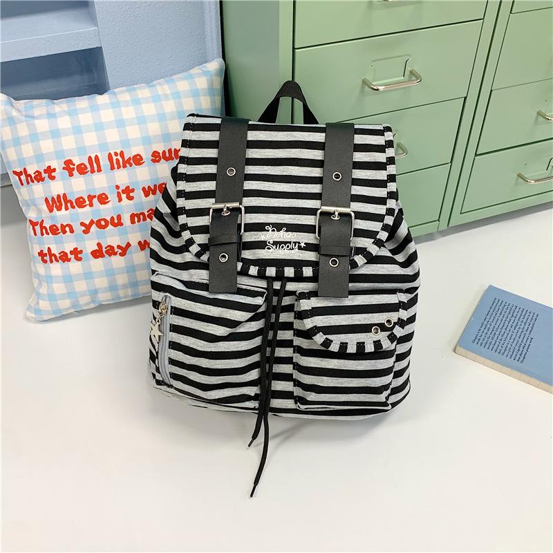 Schoolbag versatile striped bag cover backpack retro casual function large capacity Korean school bag casual niche shoulder bag