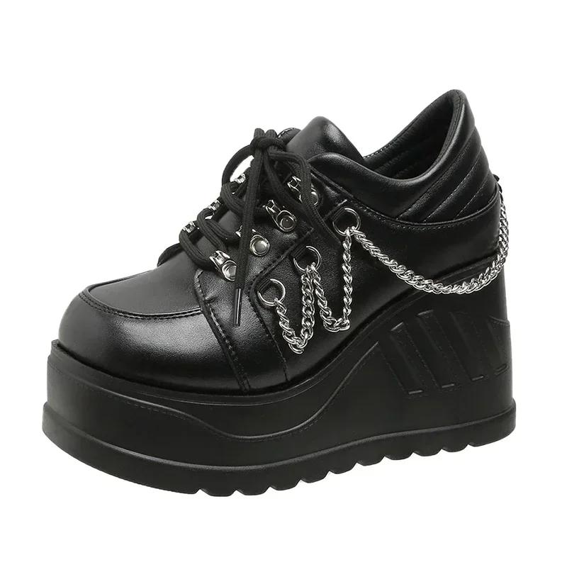 Fashion Metal Chain Punk Gothic Shoes Woman Thick Bottom High Wedge Sneakers for Women Black Chunky Platform Shoe Zapatillas De Mujer