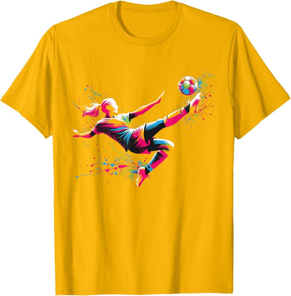Colorful Splatter Soccer Player Kick Graphic Tee Breathable Cotton Daily Tshirt For Unisex