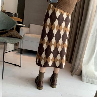 Saia Midi de Lã Tricotada Elástica Grossa com Padrão de Diamante para Outono Inverno, Saia Longa Meia-Calça Xadrez