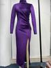 European & American Style Women's High-Neck Velvet Long Dress - Slim Fit, Pleated, Slit Design for Autumn/Winter 2022