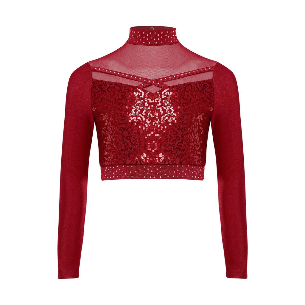 Dziewczęcy Crop Top do Tańca Jazzowego z Wysokim Dekoltem i Długim Rękawem, Przezroczysta Siateczka, Patchwork, Błyszczące Płatki, Kostium na Występ