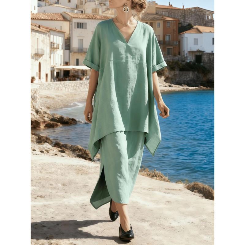 2026 Womens Cotton Blend Casual V-Neck Short Sleeve Maxi Skirt Set In Solid Colors