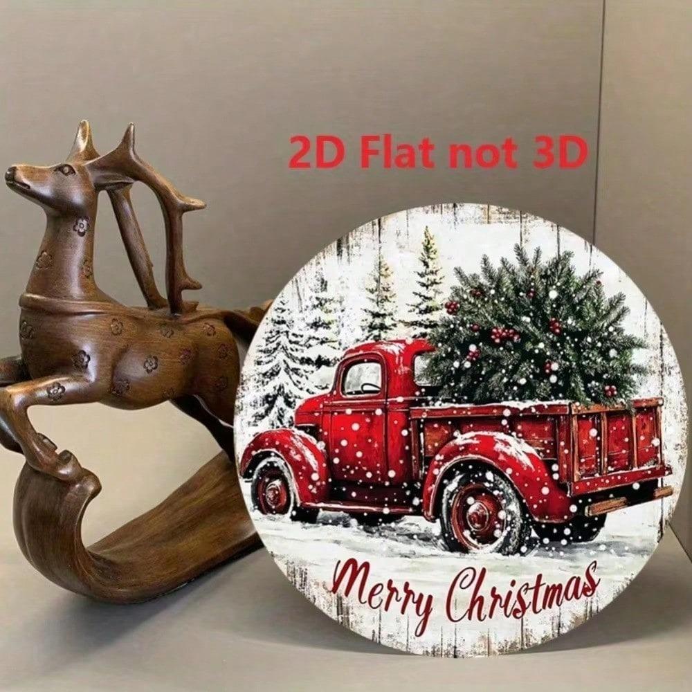 Vintage Red Truck Christmas Metal Sign 8x8 Inch Rustic Tin Wall Art Home Decor Farmhouse
