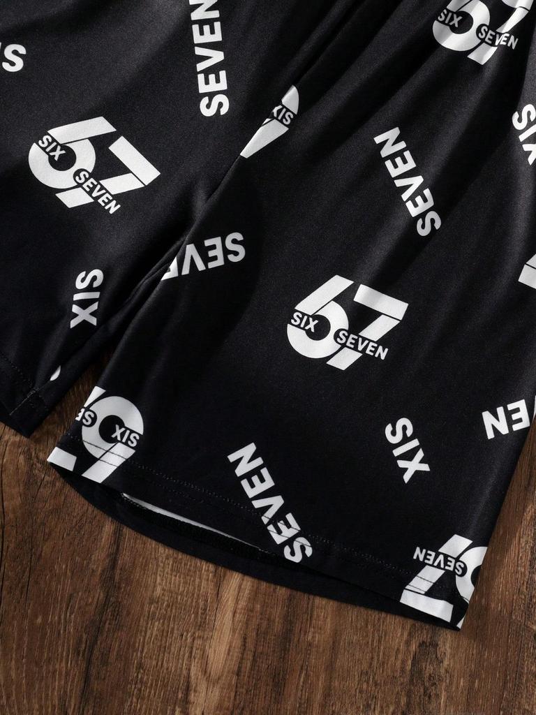 Two-piece Boys' Outdoor Sports Set with Six Seven Letter Print Crew Neck Drop Shoulder Short-sleeved Shirt and Shorts, Spring/summer Style.