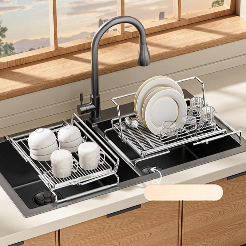 Stainless Steel Expandable Sink Drainer Rack with Filter Mesh Kitchen Dish Drying Organizer for Plates Bowls and Cups