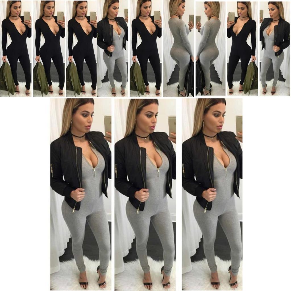 Hochwertiger Damen Reißverschluss Overall Bandage Bodycon Jumpsuit Clubwear Langarm Romper