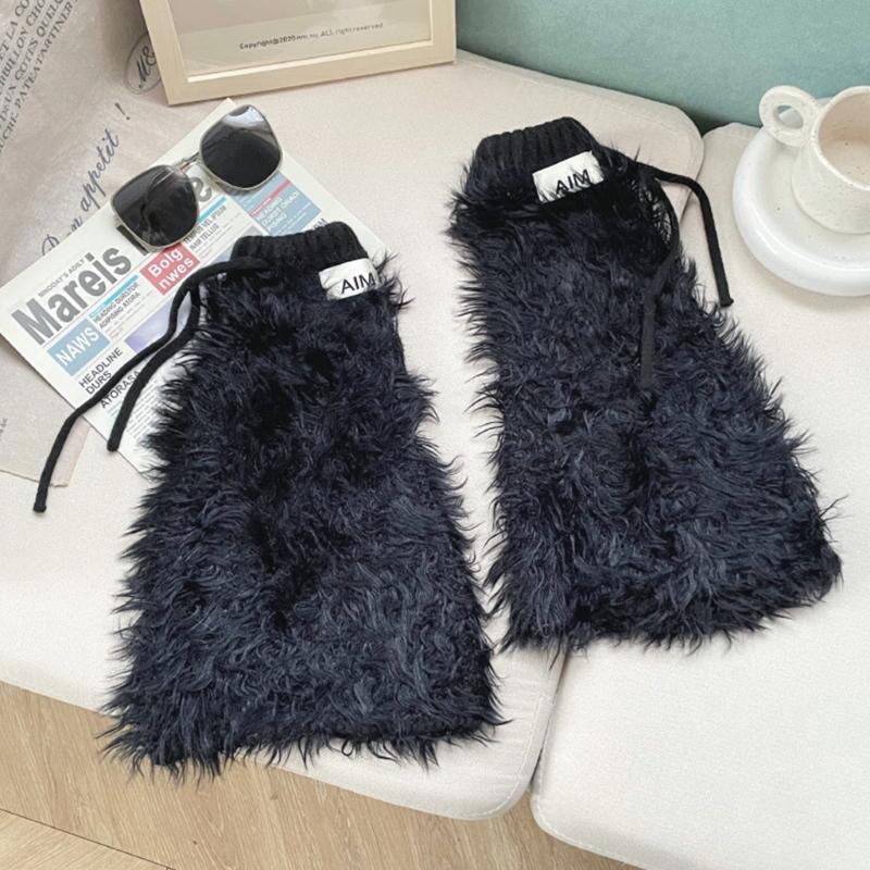 Womens Y2K Girls Winter Furry Leg Warmer wtih Drawstring Harajuku Letter Label Furry Plush Flared Boot Cover Long Socks