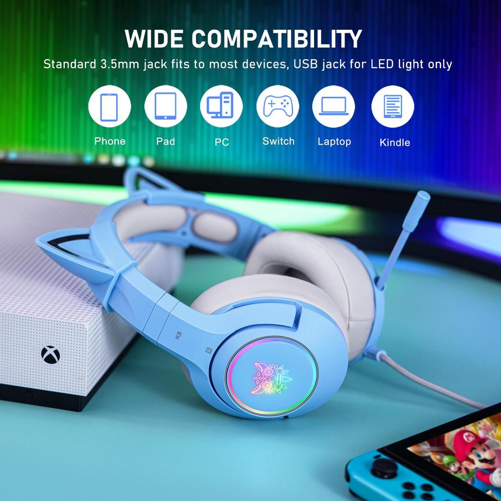 K9 Gaming Headset, Wired Over-Ear Headphones with Detachable Cat Ears, Noise Cancelling Microphone, RGB Backlight, Surround Sound for PC PS5 PS5 Xbox