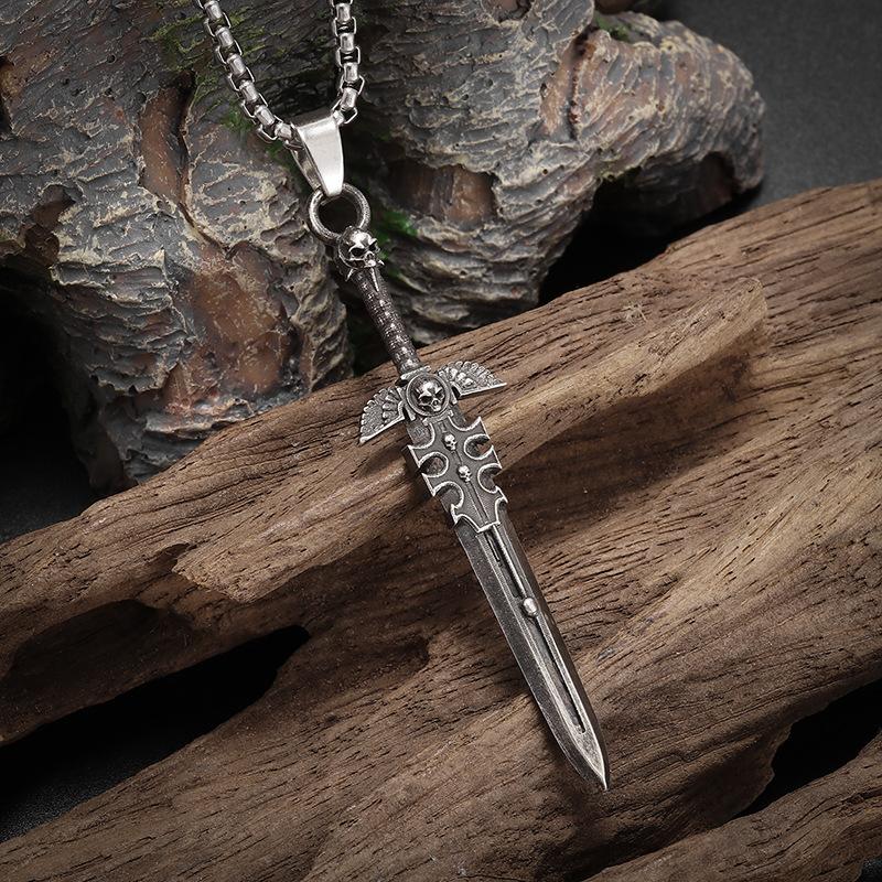 Punk Dark Style Exquisite Relief Skull Sacred Sword Pendant Necklace for Men Women Personality Collar Chain Jewelry Accessories