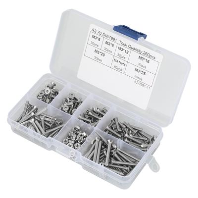 260pcs M3 304 Stainless Steel Flat Head Hex Socket Screw   Nuts Kit, Designed for Industrial and Construction Fasteners