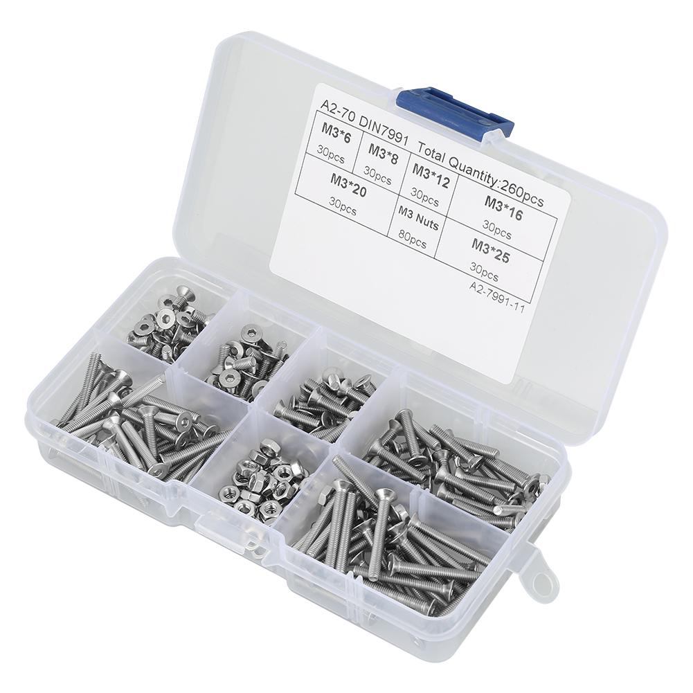 260pcs M3 304 Stainless Steel Flat Head Hex Socket Screw   Nuts Kit, Designed for Industrial and Construction Fasteners